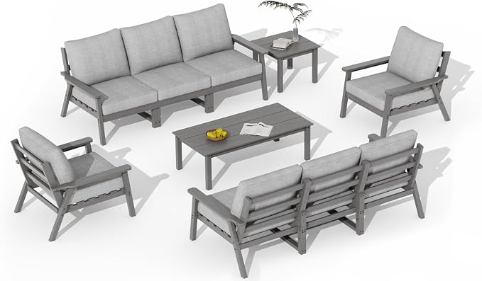 LOUNZY HDPE Patio Furniture Set,10 Pieces Sectional Outdoor Furniture Set, All Weather Outdoor Couch Set Patio Conversation Set for Deck, Lawn, Grey
