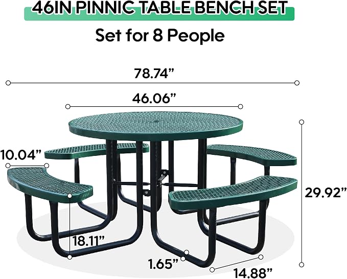 46 Inch Round Outdoor Metal Picnic Table, All-Weather Patio Dining Set for 6-8 Adults, Heavy Duty Steel with Central Umbrella Hole, Perfect for Garden, Backyard, Deck & Small Spaces - Easy Assembly
