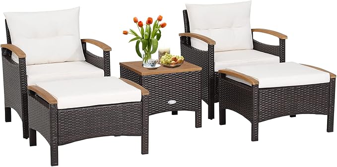 HAPPYGRILL 5 Pieces Patio Furniture Set Outdoor PE Wicker Lounge Chair and Ottoman Set with Cushions and Side Table with Acacia Wood Tabletop, Outdoor Conversation Set for Garden Poolside Backyard