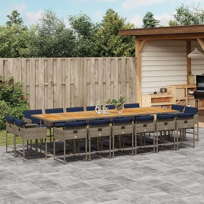 17 Piece Patio Dining Set with Cushions Gray Poly Rattan Outdoor Furniture Table for 16 Seats Foldable Chairs Acacia Wood Top UV-Proof Backyard Garden