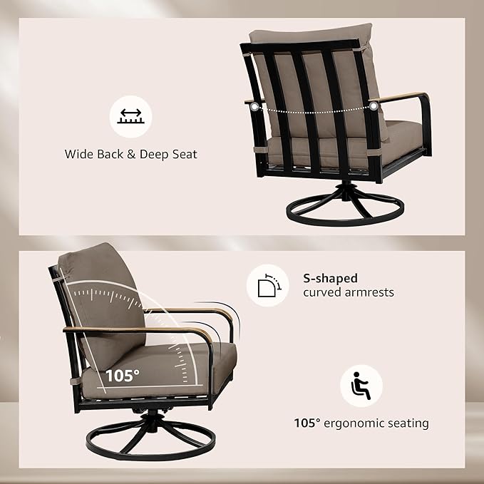 NATURAL EXPRESSIONS Patio Furniture Sets,4 Pieces Metal Outdoor Conversation Sofa Set with High Back Swivel Rocking Chairs with Anti-Scald Armrest,Double-Deck Wooden-Grain Table,6" Cushions for Yard