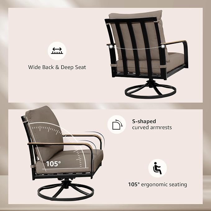NATURAL EXPRESSIONS 5 Piece Outdoor Patio Dining Sets, 4pcs Swivel Dining Chairs & Square Woodgrain Dining Table with 1.65”Umbrella Hole for Lawn, Garden, Deck, Backyard and Porch
