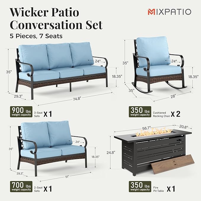 Patio Furniture Set with Fire Pit Table, Metal Outdoor Conversation Set with 5.75'' Extra Thick Cushion, 2 Rocking Chairs, Loveseat Sofa, 3-Seat Sofa and Gas Fire Pit Table, Blue