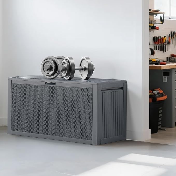 90 Gallon Grey Outdoor Storage Deck Box, Waterproof UV Resistant Plastic Patio Storage Chest with Lockable Lid, Weatherproof Organizer for Cushions Tools Toys, 45.67" x 19.49" x 23.23"