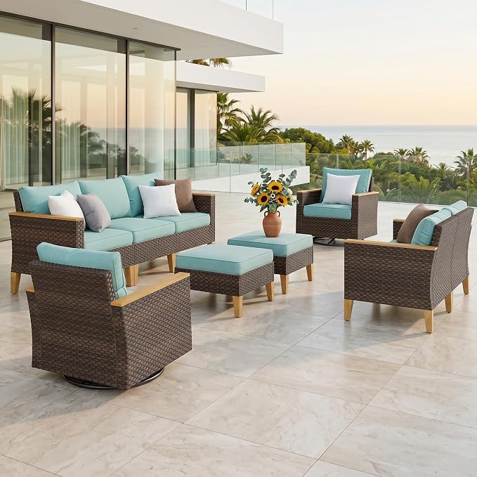 PHI VILLA Wicker Patio Furniture Set with Swivel Chairs, 9 Pieces Outdoor Conversations Sets with Ottoman, Oversized Rattan Patio Sectional Sofa Couch for Backyard, Aqua Blue Cushion