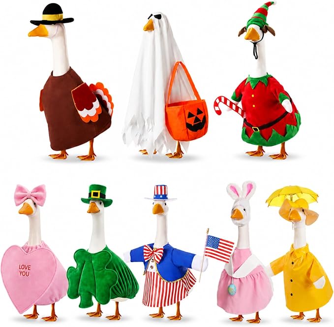 FuWeave 8 Set Holiday Porch Goose Outfits 23'' Goose Clothes Summer Fall Halloween Christmas Winter Thanksgiving Valentine St. Patrick Easter 4th of July Lawn Porch Geese Costume for Patio Yard Decor