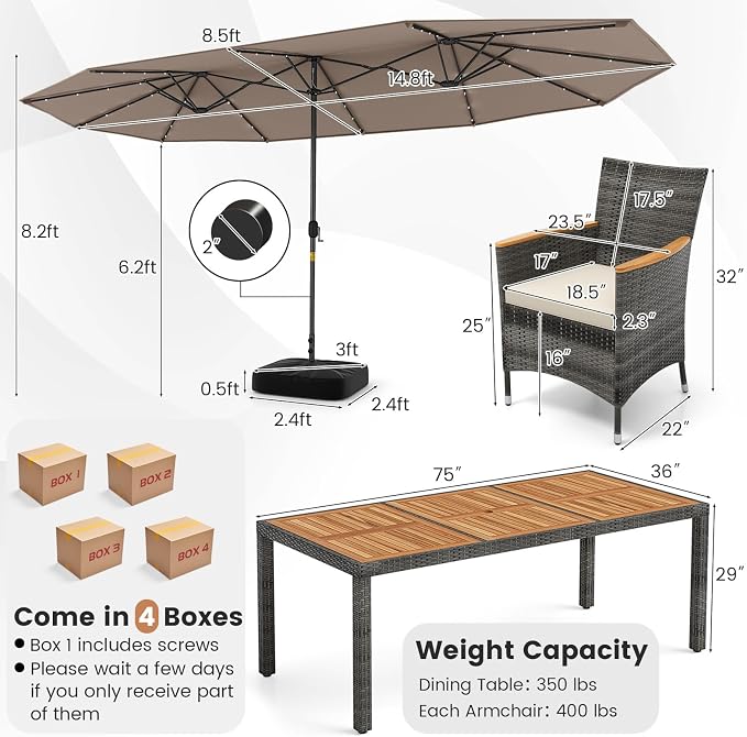 Tangkula 11 Pieces Patio Dining Set with 15 ft Double-Sided Patio LED Umbrella (Base Included), Outdoor Rattan Furniture Set with 8 Armchairs, 1 Rectangular Acacia Wood Dining Table (Tan)