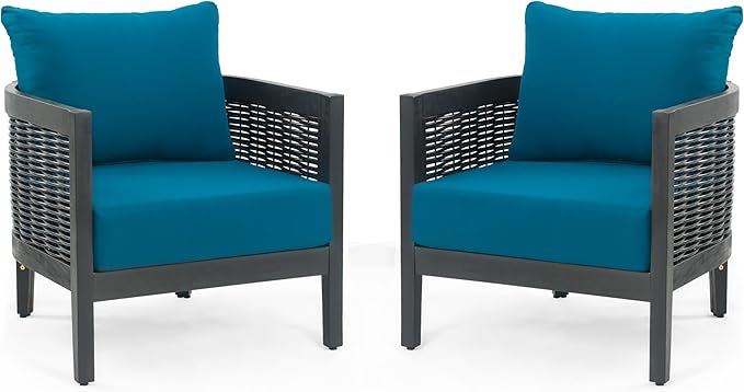 Merax Set of 2 Outdoor Acacia Wood Wicker Club Chair with Cushion,Patio Furniture Conversation Seat for Backyard Garden