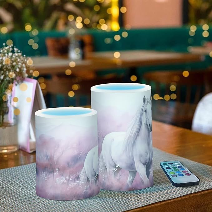 White Horses in Pink Field Flameless Candles Color Changing LED Candles with Remote Control Battery Candles for Outdoor and Indoor Home and Room Decoration, 3'' x 4''/5'' Set of 2 Pieces