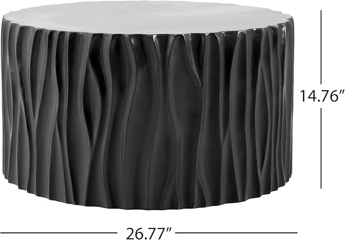 Black Coffee Table with Wavy Fluted Cylindrical Side, Modern Round MGO Magnesium Oxide Center Accent Table Assembly-Free for Living Room Patio Garden Balcony Outdoor 26.77" x 14.76"