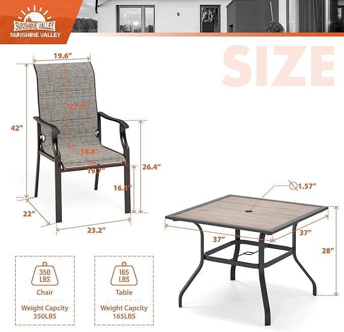 SUNSHINE VALLEY 5 Pieces Patio Dining Sets for 4 Person, Outdoor Table and Chairs Set with Wood-Like Patio Dining Table(1.57" Hole) & 4 Textilene Patio Dining Chairs, Outdoor Dining Sets for Deck