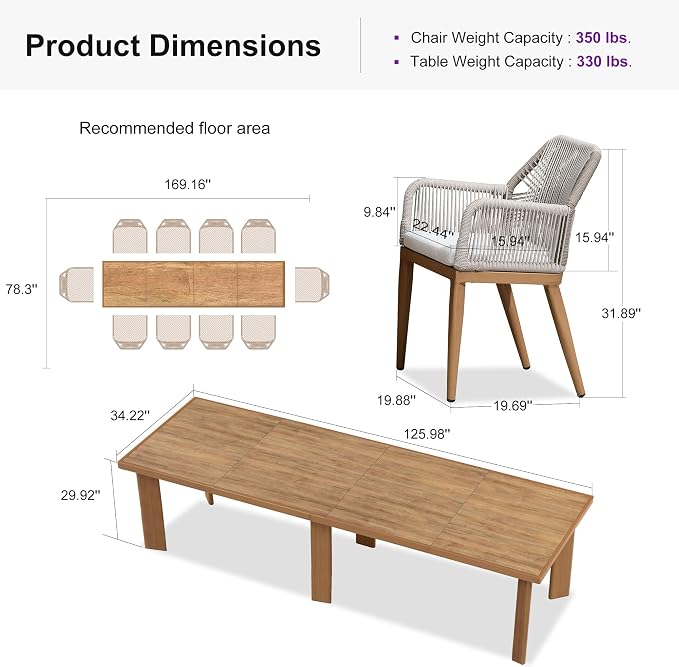 PURPLE LEAF 11 Pieces Patio Dining Set Aluminum Modern Rectangular Table and Rattan Arm Chairs with Cushions for Kitchen Porch Garden Outdoor Furniture Sets, Teak