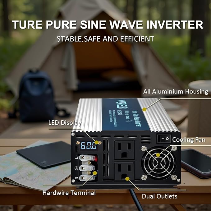 WZRELB 3000W Pure Sine Wave Inverter, Car Power Inverter 60V DC to 110V 120V AC Converter for RV, Truck, Solar, Outdoor with Dual AC Outlets, Hardwire Port, Surge 6000W, LED Display,Off-Grid