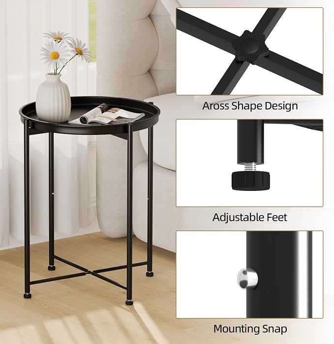 Garden 4 you Small Side Table, Mini Round End Table, Tray Table with Metal Frame, Modern Nightstand for Living Room, Bedroom, Patio, Small Space, 2pcs