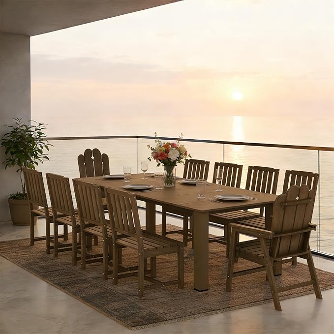 11-Piece Patio Dining Set, Outdoor Dining Set for 10, HDPE All-Weather Outdoor Furniture with 89.57” Umbrella Hole Table, 2 Armchairs & 8 Armless Chairs, Brown