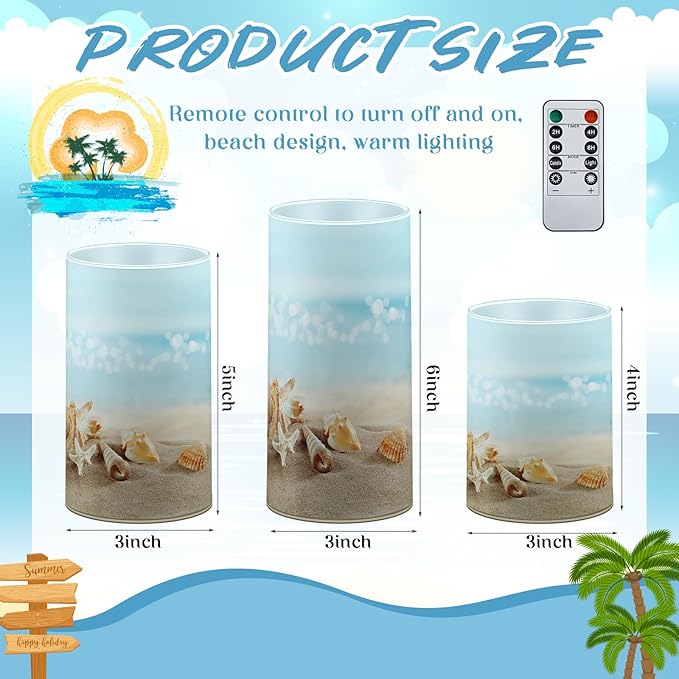 Tujoe 3 Pcs Summer Starfish Flameless Candles LED Battery Pillar Candles Set Battery Operated Flickering Candles Gifts with Remote Summer Decor for Holiday