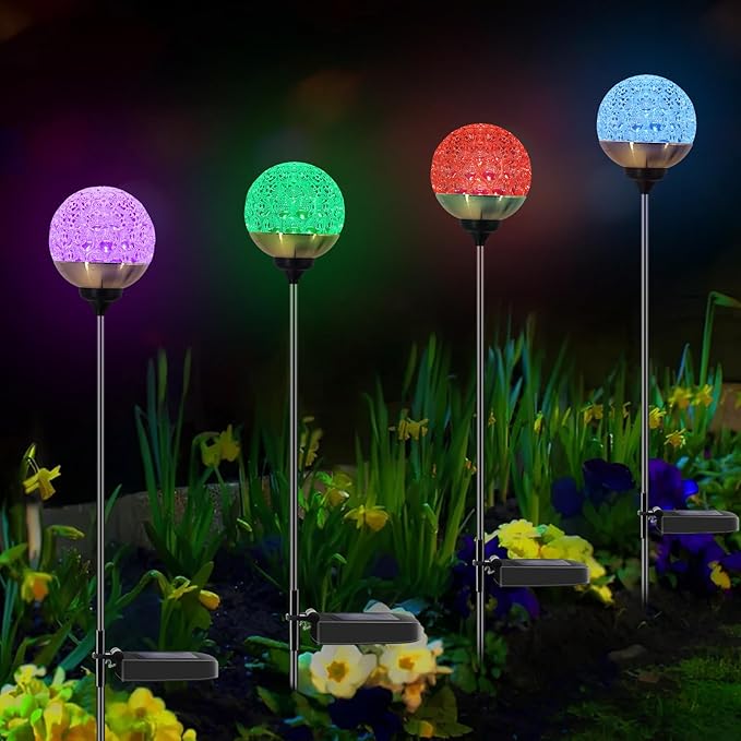 Solar Garden Lights Outdoor, 4 Pack Upgraded Globe Powered Garden Lights, Waterproof Multi-Color Changing LED Stake Lights for Patio Yard Pathway Landscape Decoration