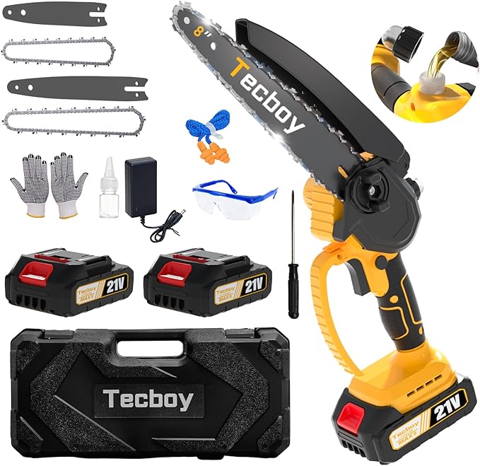 8 Inch Mini Electric Chainsaw Cordless, 6 Inch Portable Chain Saw for Makita 18V Battery Powered Saws Small HandHeld Saw with 2 Batteries Yard Tool Tree Trimming Wood Cutting Gifts Men Dad(GoldYellow)