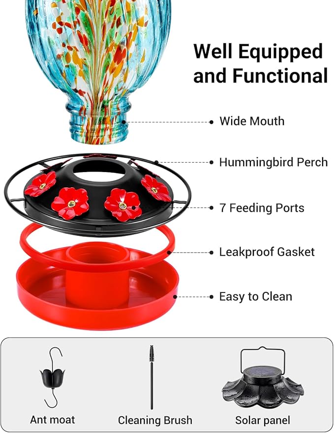 HouseSapp Solar Hummingbird Feeder - 49 fl.oz Hand Blown Glass Color Changing - 7 Feeding Ports with Perch - Never Leak - Perfect Hummingbird Feeder for Outdoors Hanging (Blue)