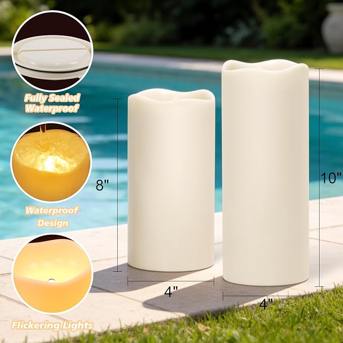 Eldnacele Large Outdoor Solar Flameless Candles Waterproof, 4" x 8" 10", Solar Powered Dusk to Dawn Plastic LED Flickering Pillar Candles Garden Patio Lanterns Wedding Holiday Decor(2 Pack White)
