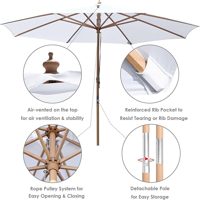 Yescom 13ft Coastal Solid Beech Wood Umbrella Pulley Lift Commercial Base with Wheel Included for Beach Club Seaside Restaurant Terrace Resort Poolside