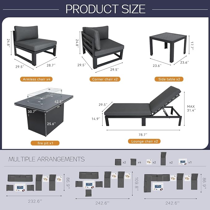 BULEXYARD 11 Piece Luxury Aluminum Outdoor Sectional Sofa with Chaise Lounge & Firepit, Large Modular Patio Furniture Set, 29" Deep Wide Seated, 500 lbs Heavy Duty Conversation Set for Deck, Dark Gray