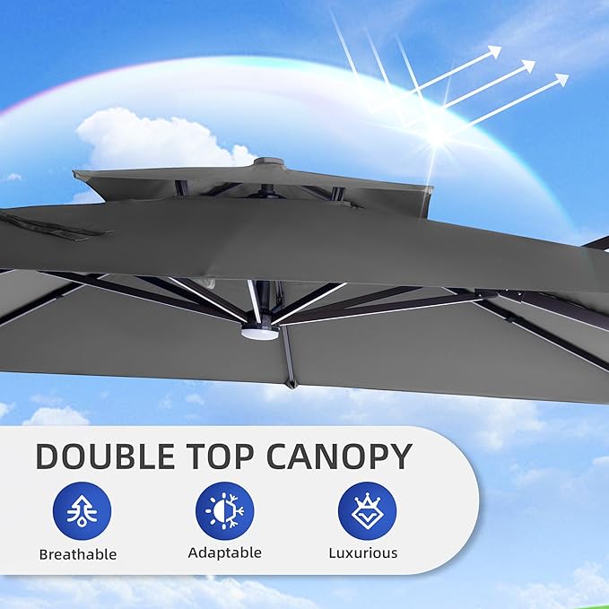 9 X 12 FT Cantilever Patio Umbrella with Led Lights and Base Included Heavy Duty Outdoor Double Top Large Rectangle Offset Umbrellas with 360-degree Rotation for Garden Pool Deck Backyard, Grey