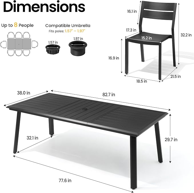 Aluminum Outdoor Dining Set for 8 with Stackable Armless Chairs | 82" Large Rectangular Patio Table Rust Proof Outdoor Furniture with Umbrella Hole for Lawn Garden Deck