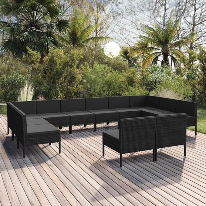 Patio Lounge Set with Cushions,Patio Furniture Sets,Patio Conversation Sets,Outdoor Furniture Sets,for Garden,Backyard,Outdoor,12 Piece Poly Rattan Black
