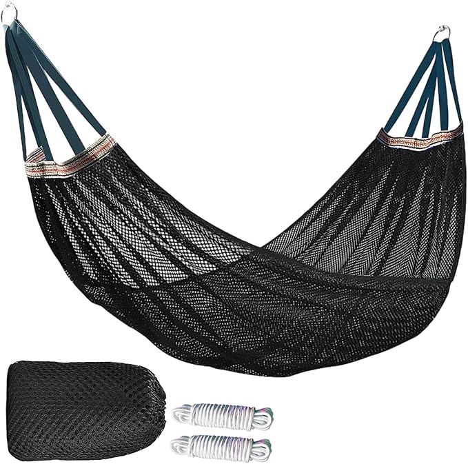 Outdoor Travel Camping Sport Hammock, Outdoor Sport Hammock Net Mesh Nylon Rope Sleeping Bed Swing with Hooks for Garden Beach Yard Travel (Black)