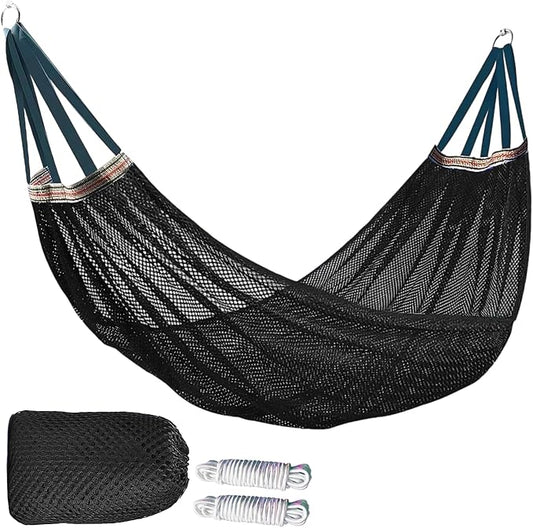 Outdoor Travel Camping Sport Hammock, Outdoor Sport Hammock Net Mesh Nylon Rope Sleeping Bed Swing with Hooks for Garden Beach Yard Travel (Black)
