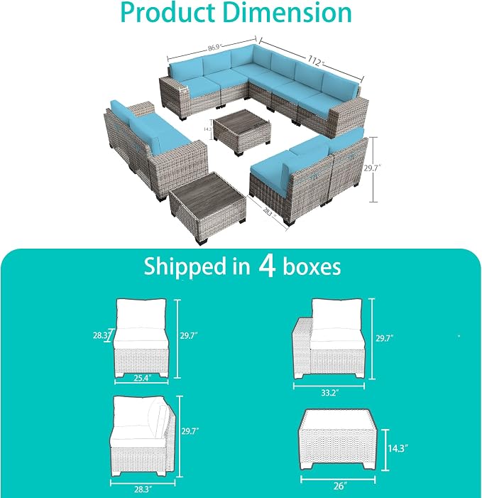 13-Piece Outdoor Patio Furniture Set with 55,000 BTU Fire Pit Table, PE Wicker Rattan Sectional Sofa Patio Conversation Set with Thickened Cushions & Coffee Table, Turquoise