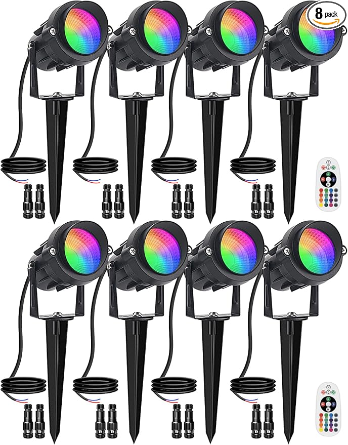 9W RGB Low Voltage Landscape Lights Color Changing Remote Control Spotlights Waterproof LED Landscape Lighting for Garden Pathway Christmas Halloween Outdoor Decorative(8Pack with Connectors)