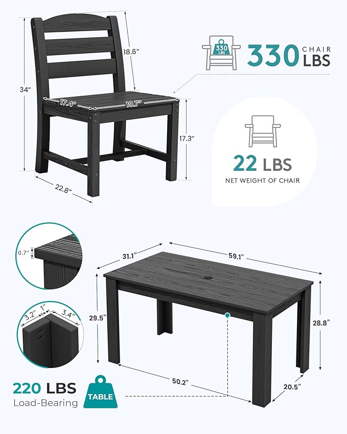 SERWALL Outdoor Dining Sets for 4, HDPE Dining Sets for 4 Person with 1 Umbrella Hole Cut-Out Rectangular Table and 4 Armless Chairs, Patio Dining Sets for Garden, Backyard, Poolside, Black