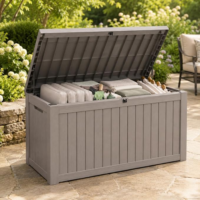 146 Gallon Deck Box, Waterproof Outdoor Storage Box, Lockable Resin Patio Storage Box for Cushions, Garden Tools & Pool Accessories, Heavy Duty Outdoor Storage Bench, Gray Brown