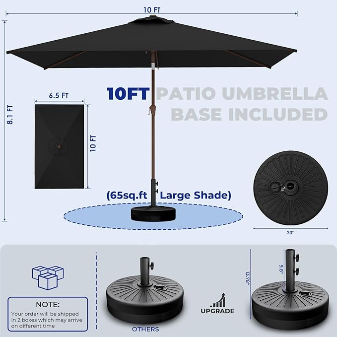 BRIOPAWS 6.5X10 FT Rectangular Patio Umbrella with Base Included | Rectangle Outdoor Umbrellas | 6 Sturdy Steel Ribs | Push Button Tilt & Crank | Heavy Duty for Garden Lawn Deck Backyard Pool |