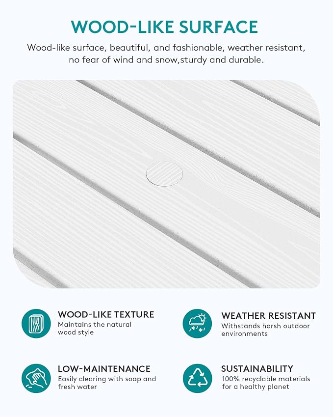 SERWALL Outdoor Coffee Table with 9FT Umbrella, HDPE Patio Coffee Table for Outside, Rectangle, White(Not Include Umbrella Base)