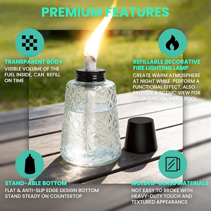 2 Pack Refillable Torches for Outside Glass Tabletop Citronella Torches Outdoor with Snuffers & Torch Wicks Decorative Torch Canister for Outdoor Table Décor, Patio, Backyard, Pool Bar