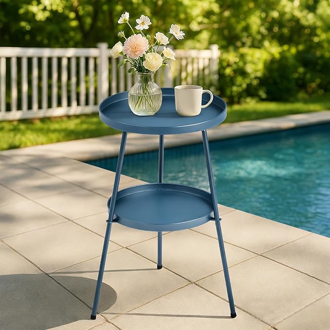 Outdoor Side Table 2 Tier End Table Metal Round Coffee Tables Nightstand for Small Spaces Indoor Outdoor and Living Room Bedroom or Office (Navy Blue)