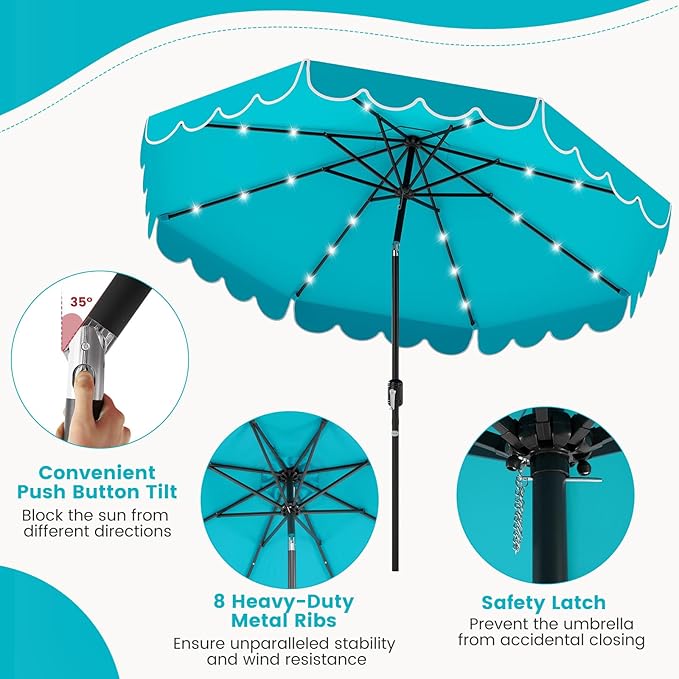 Tangkula 9 FT Solar Patio Umbrella, 2-Tiers Scalloped Outdoor Table Market Umbrella with 32 LED Lights, Vented Top, Tilt Adjustment, Crank, 8 Ribs for Backyard Poolside Deck Beach Lawn (Turquoise)