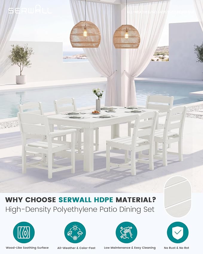 SERWALL HDPE Outdoor Dining Table and Chairs Set for 6 | with Armless Chair Seat