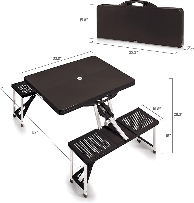 Picnic TIME Portable Folding Picnic Table with Seats for 4, Collapsible Aluminum Table with Benches & Umbrella Hole, Lightweight Foldable Table for Camping, Travel, Backyard, Tailgating | with Umbrella Hole