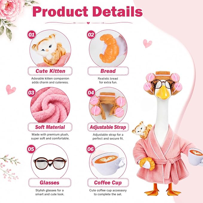GJL Lady Porch Goose Outfits Bathrobe for 23 Inch Plastic Cement Lawn Goose Statue,Porch Goose Robe Costume with Curlers Glasses Coffee Cup Bread Cute Cat for Spring Summer Yard Garden Patio Decor