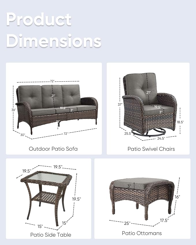 6 Pieces Outdoor Furniture-Patio Swivel Rocker Chairs Set of 2 3-Seater Wicker Couch with Outdoor Ottoman Outdoor Patio Furniture Set for Deck Porch Garden Balcony Poolside-Brown/Grey