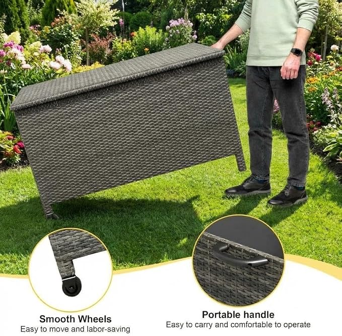 120 Gallon Waterproof Outdoor Wicker Deck Box, Large PE Rattan Storage Chest with Lockable Lid & Gas Strut, All-Weather Patio Storage Bench for Cushions Garden Tools, Brown