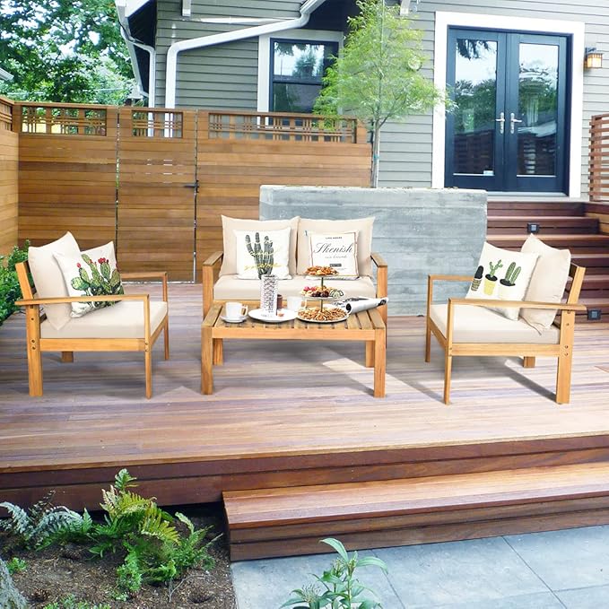 Tangkula Outdoor 8-Piece Acacia Wood Chat Set, 8 Seater Acacia Wood Conversation Sofa and Table Set with Water Resistant Cushions, Teak Finished (2, White)
