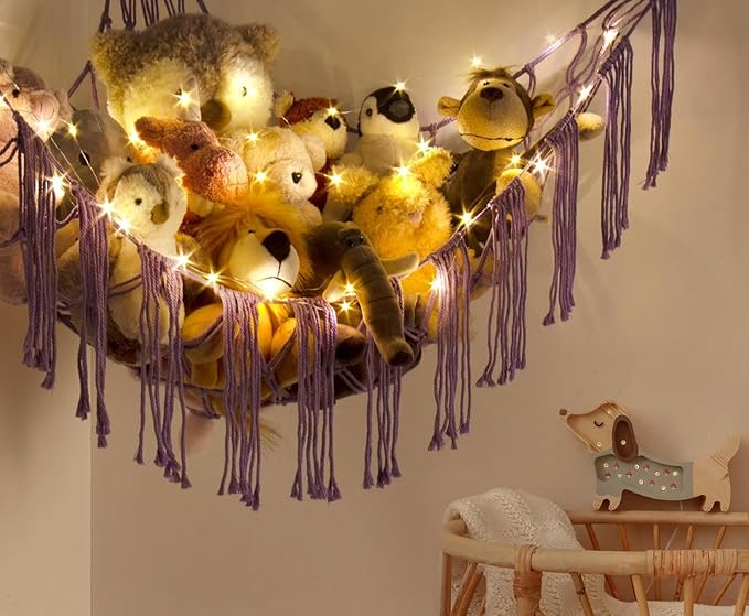 Stuffed Animal Storage Hammock Corner X-Large with LED Light - Baby Hammock Hanging Holder Plushies Net for Stuff Animals Organizer - Cute Room Decor Aesthetic Kids Toddler Nursery Bedroom