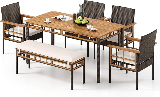 Tangkula 6 Pieces Patio Dining Table Set, Outdoor Rectangular Acacia Wood Table with 1.97” Umbrella Hole & Cushioned Backless Bench & 4 Armchairs, for Garden, Deck, Yard