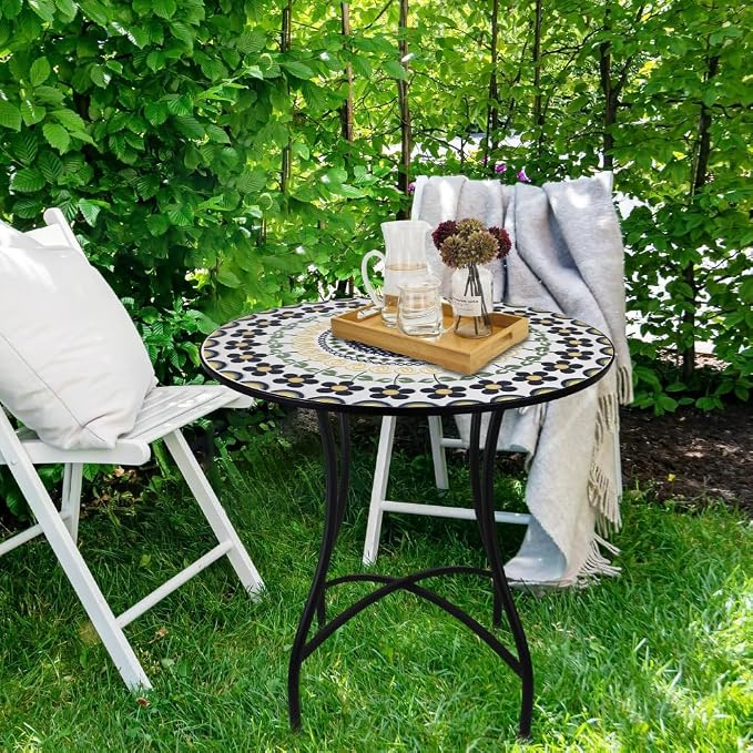 24 Inch Mosaic Patio Round Side Table with X-Curved Legs Indoor and Outdoor Accent End Table for Yard, Garden, Living Room, Bistro, B - Black Floral