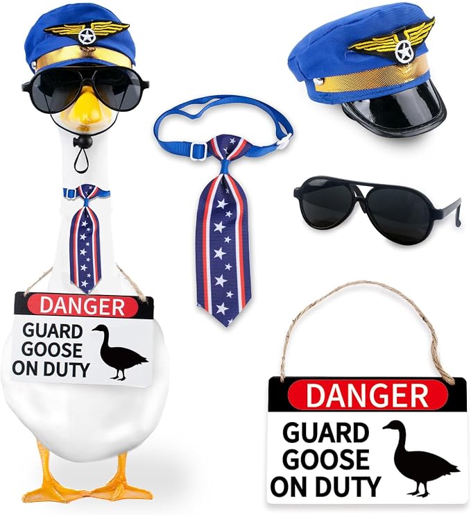 CAMDUCK 4 Pcs Porch Goose Accessories Porch Goose Sign Air Force Hat Eyeglasses Necktie Wooden Danger Guard Goose on Duty Warning Sign Goose Outfits Decor for Yard Porch Lawn